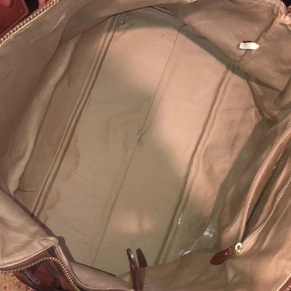 RALPH LAUREN Brown Green Top Handle Tartan Plaid Boston Duffle Travel Bag 55cm
